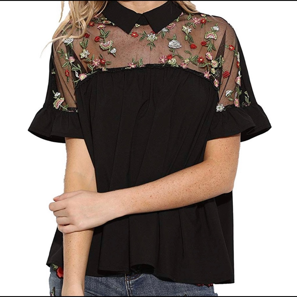 NWOT Shein Embroidered Sheer Neck Collared Blouse